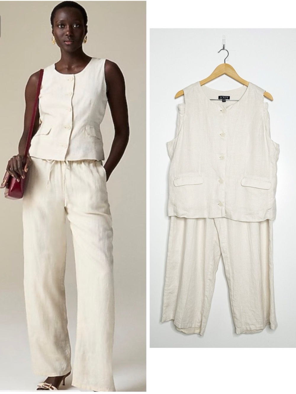 J.Crew Ivory Linen Crewneck Vest Soleil Wide Leg Pants 2 Piece Set Size XL/18